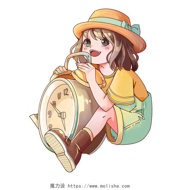 卡通女孩和钟表时钟时间插画素材png